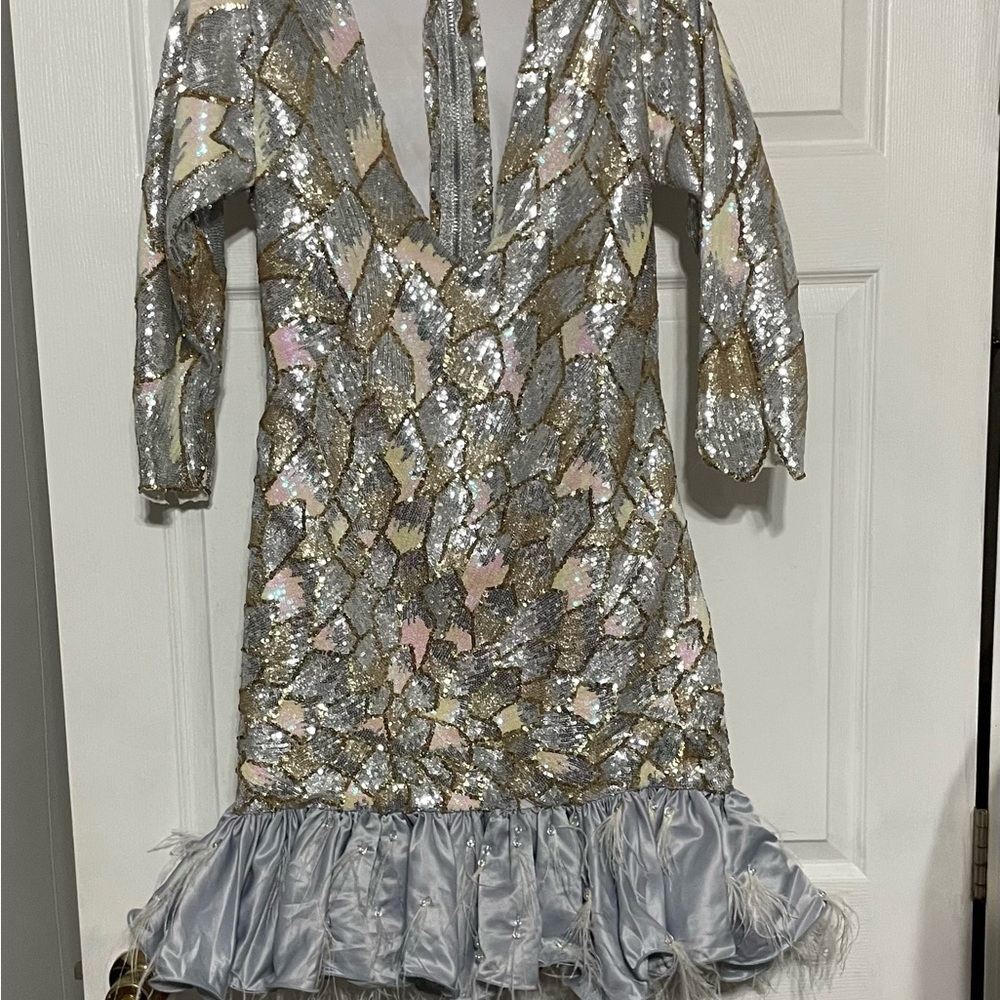 Silver and Gold Sequin Dress with Ruffle Hem - Picture 3 of 16
